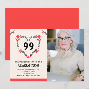 Invitation Cœur floral rouge élégant pour son 99e anniversair