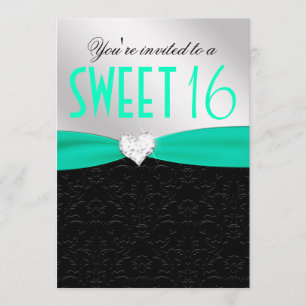 Invitation Coeur floral turquoise et noir de diamant de