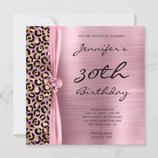 Invitation Coeur Gem Pink and Gold Leopard 30e anniversaire (Devant)
