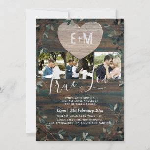 Invitation Coeur gravé Initiales rustiques Mariage photo en b