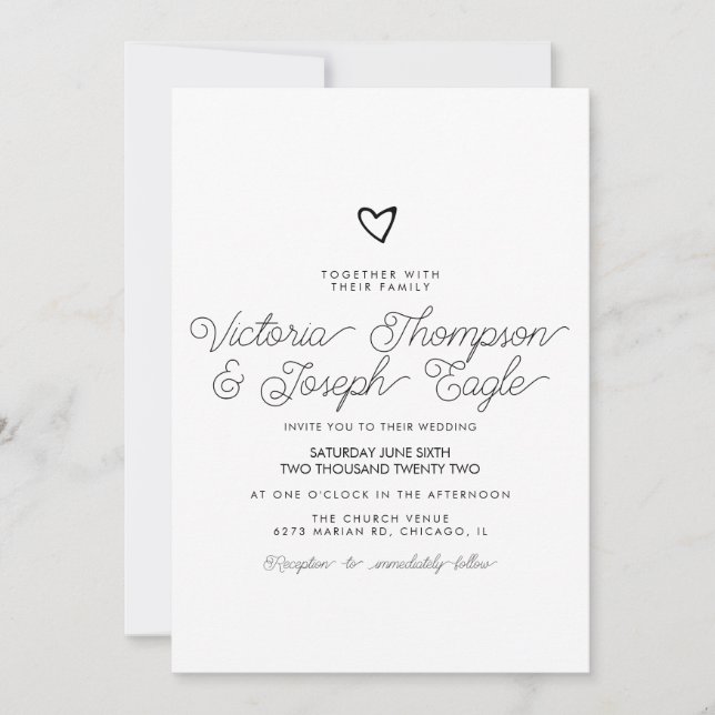 Invitation Cœur incliné noir blanc moderne Mariage Script    (Devant)