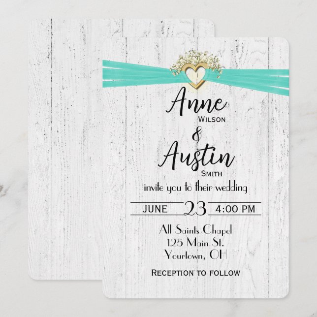 Invitation Coeur mariage avec ruban turquoise sur bois (Devant / Derrière)