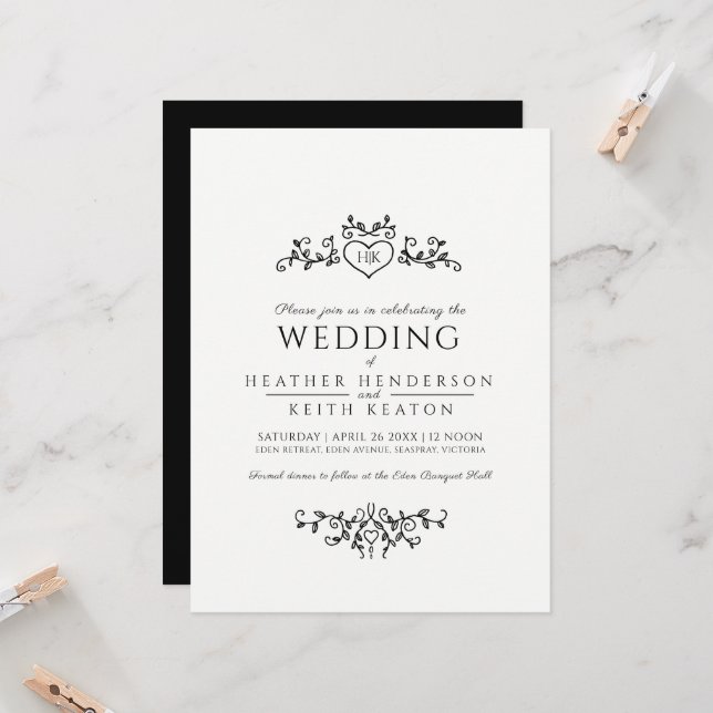 Invitation Coeur monogramme monogramme monographique pour coe (Devant/Arrière en situation)