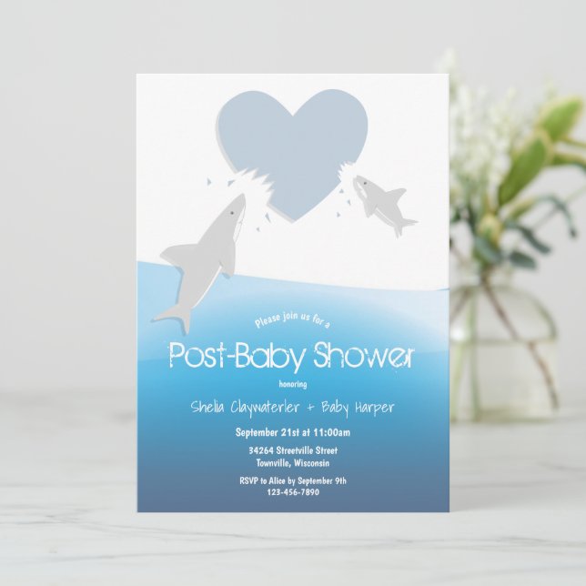 Invitation Coeur mord requins Baby shower après (Debout devant)