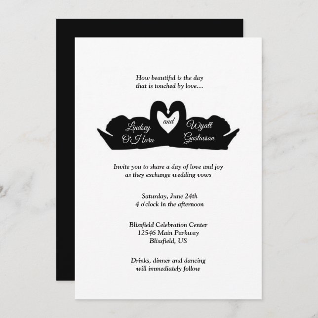 Invitation Cœur noir et blanc & cygnes Mariage minimal modern (Devant / Derrière)