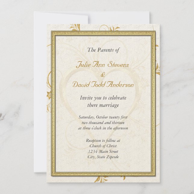 Invitation Coeur Or avec Mariage de cadre (Devant)