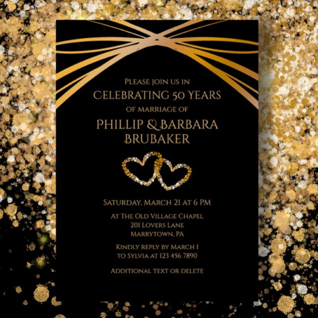 Invitation Cœur original élégant personnalisé pour 50e annive (Custom 50th Wedding Anniversary Party Invitation, Golden Modern on Black, romantic hearts.)