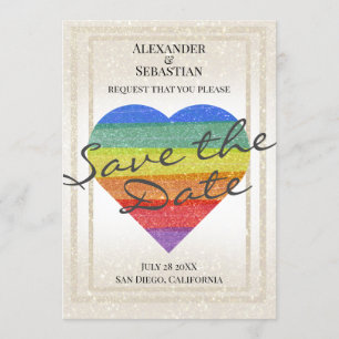 Invitation Cœur Pailleté Arc-en-Ciel Date de Mariage Noms Per