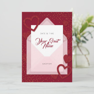 Invitation Cœur Pailleté Rouge Enveloppe Rose Romantique
