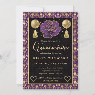 Invitation Cœur Pourpre et Or Damassé et Rose Quinceanera