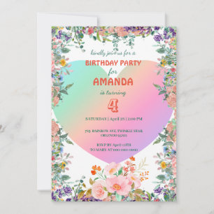 Invitation Coeur Rainbow dégradé floral Anniversaire Fête enf