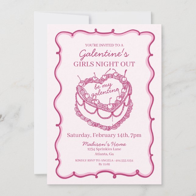 Invitation Cœur Rétro Rose Coquette Gâteau Cerise Galentine (Devant)