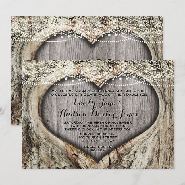 Invitation Coeur romantique dans le Mariage de forêt de tronc (Devant / Derrière)