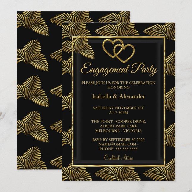 Invitation Cœur Romantique Doré pour Fête de Fiançailles avec (Devant / Derrière)