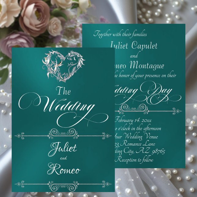 Invitation Cœur romantique et calligraphie sur sarcelle - Mar (Créateur téléchargé)