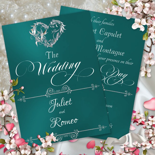 Invitation Cœur romantique et calligraphie sur sarcelle - Mar (Créateur téléchargé)