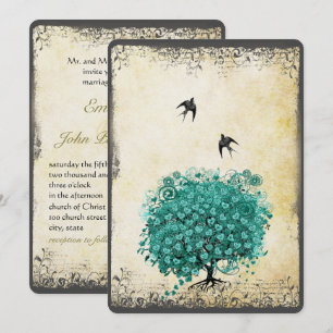 Invitation Cœur romantique Feuille de Tilleul Arbre Oiseau d'