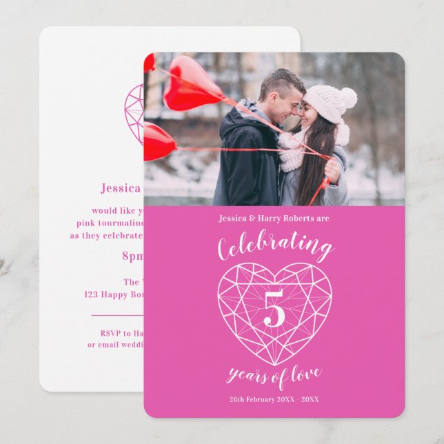 Invitation Coeur rose anniversaire 5 ans (Devant / Derrière)