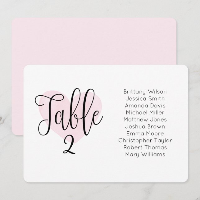 Invitation Coeur rose aquarelle. Tableau de sièges mariage tr (Devant / Derrière)