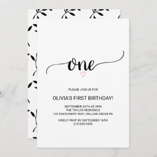 Invitation Coeur rose   Calligraphie noire Premier anniversai