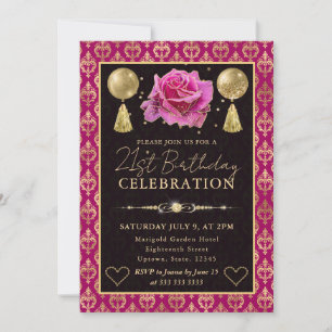Invitation Cœur rose et or Damassé et rose 21e anniversaire