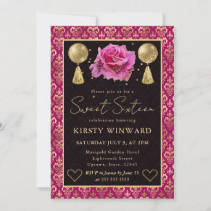 Invitation Cœur rose et or Damassé et rose Sweet 16