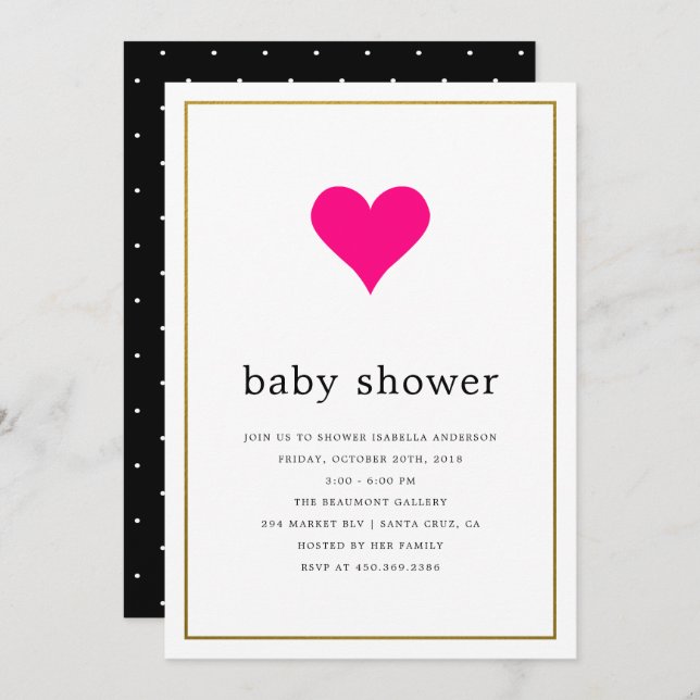 Invitation Coeur rose et simple typographie Baby shower fille (Devant / Derrière)