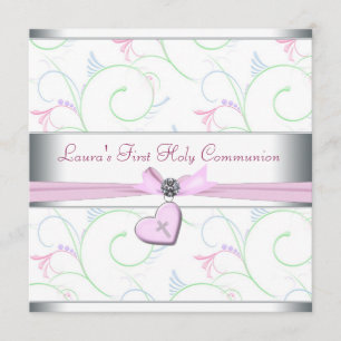 Invitation Cœur rose lavande Croix rose Première communion