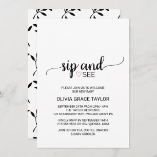 Invitation Coeur rose   Simple Black Calligraphy Sip and See