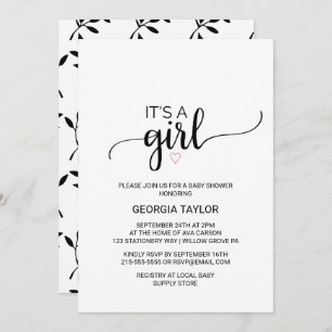 Invitation Coeur rose Simple calligraphie noire C'est une f