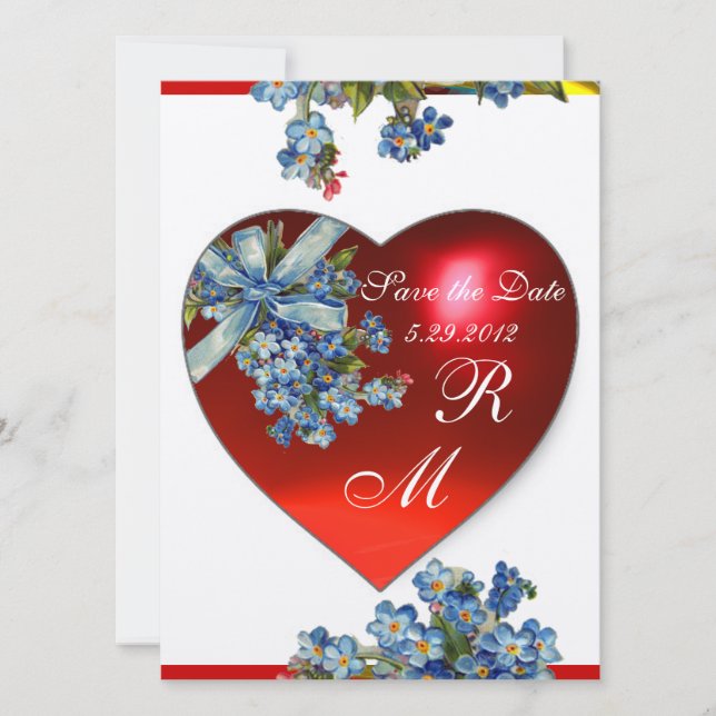 Invitation CŒUR ROUGE & MONOGRAMME OUBLIEZ PAS Bleu Blanc (Devant)