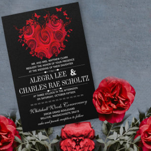 Invitation Cœur Rouge & Noir Roses Papillon Mariages