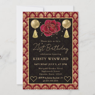 Invitation Cœur Rouge & Or Damassé & Rose 21e Anniversaire