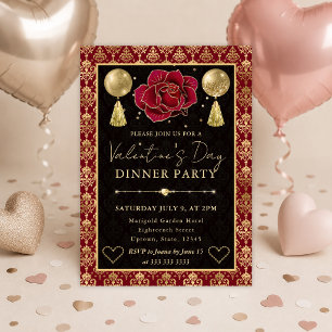 Invitation Cœur Rouge & Or Damassé & Rose Dîner de la Saint-V