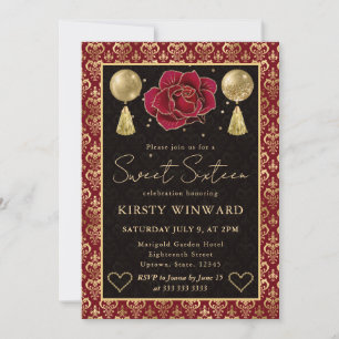 Invitation Cœur Rouge & Or Damassé & Rose Douze Ans