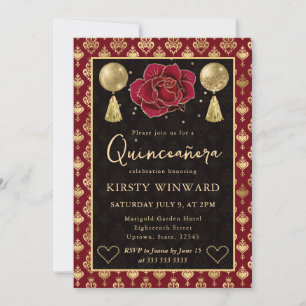 Invitation Cœur Rouge & Or Damassé & Rose Quinceanera