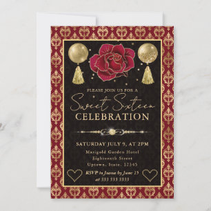 Invitation Cœur Rouge & Or Damassé & Rose Seize Ans