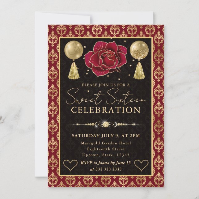 Invitation Cœur Rouge & Or Damassé & Rose Seize Ans (Devant)