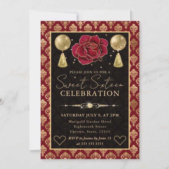 Invitation Cœur Rouge & Or Damassé & Rose Seize Ans (Devant)