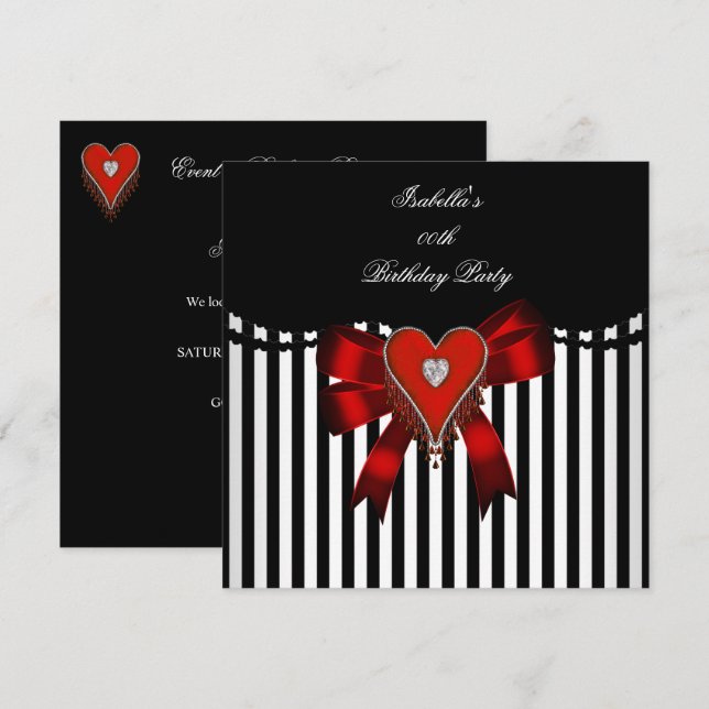 Invitation Cœur Rouge Rayure Noir Blanc Nœud Fête d'anniversa (Devant / Derrière)