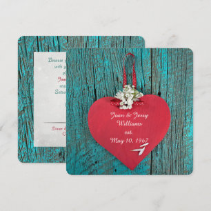 Invitation coeur rouge sur le renouveau voeu bois turquoise