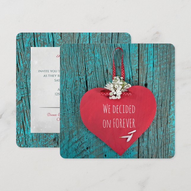 Invitation coeur rouge sur mariage en bois turquoise (Devant / Derrière)