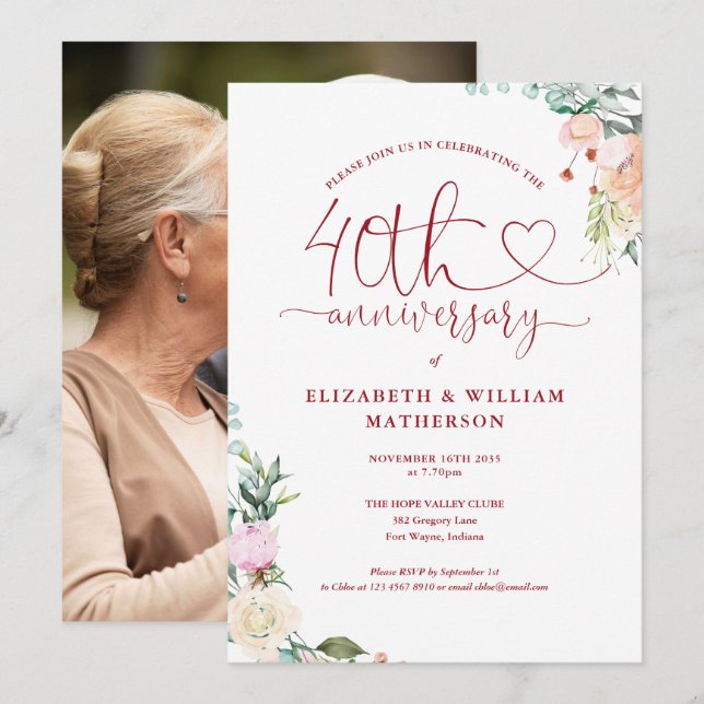 Invitation Cœur Ruby Floral Photo 40e Anniversaire (Devant / Derrière)
