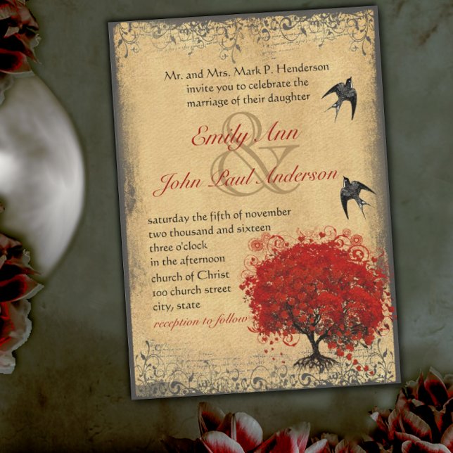 Invitation Cœur rustique Feuille Rouge Arbre Oiseau d'amour M (Créateur téléchargé)