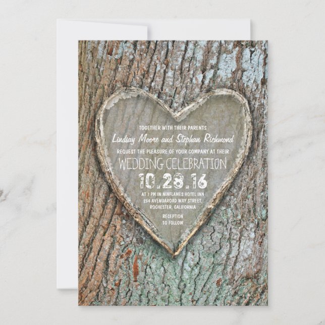 Invitation Coeur sculpté rustique arbre de pays mariage invit (Devant)