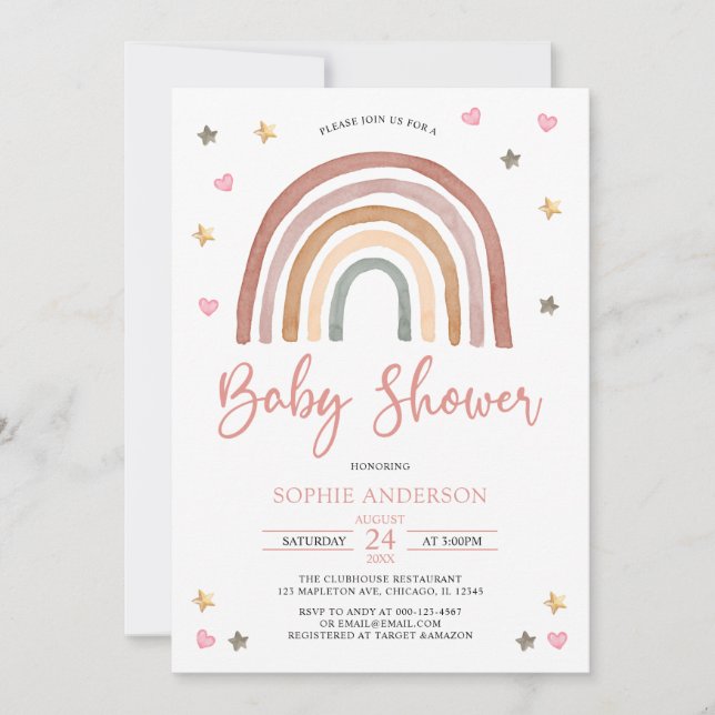 Invitation Coeur Star Muted Tones Boho Rainbow Baby shower (Devant)