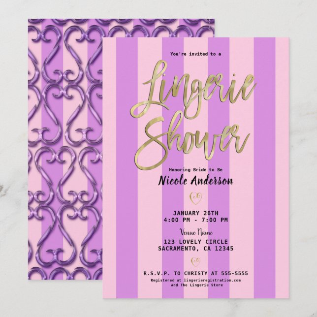 Invitation Cœur torsadé rose violet Chic Lingerie Douche  (Devant / Derrière)