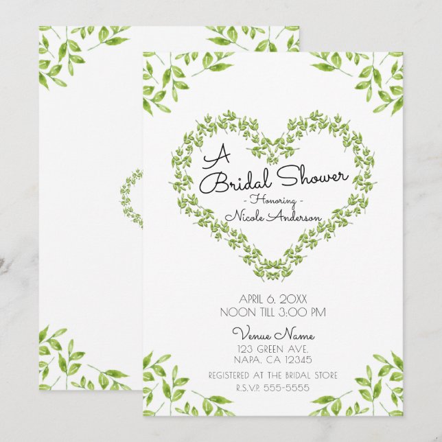 Invitation Cœur Vert : Baby Shower Shabby Chic (Devant / Derrière)