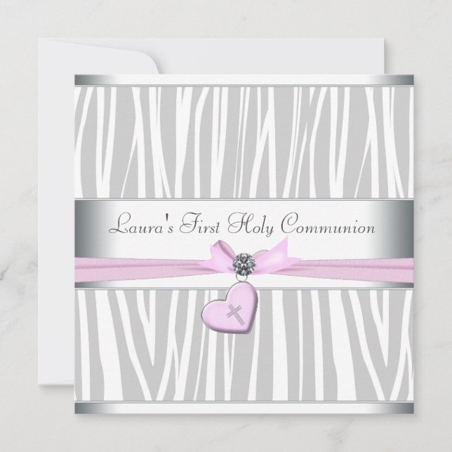 Invitation Cœur Zèbre Rose Blanc Première Communion (Devant)