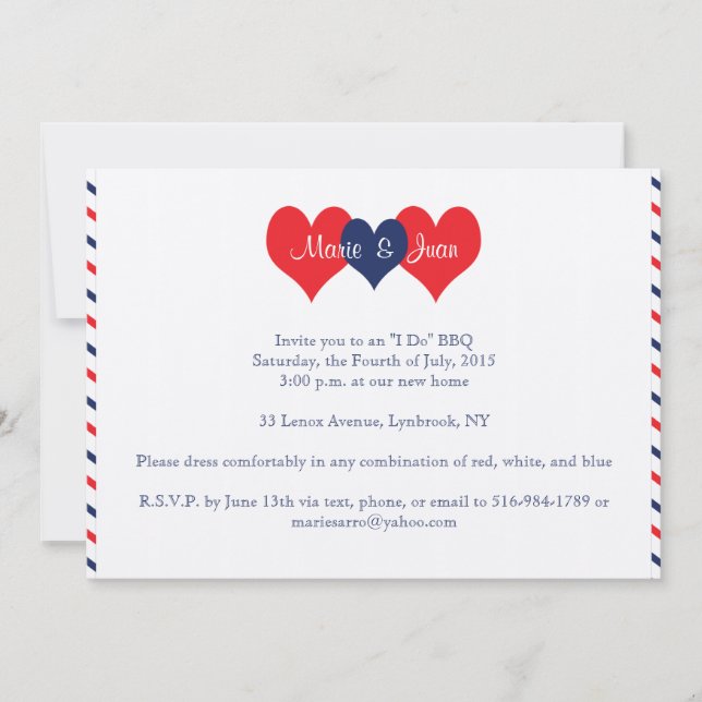 Invitation Coeurs americana épousant Marie Juan (Devant)